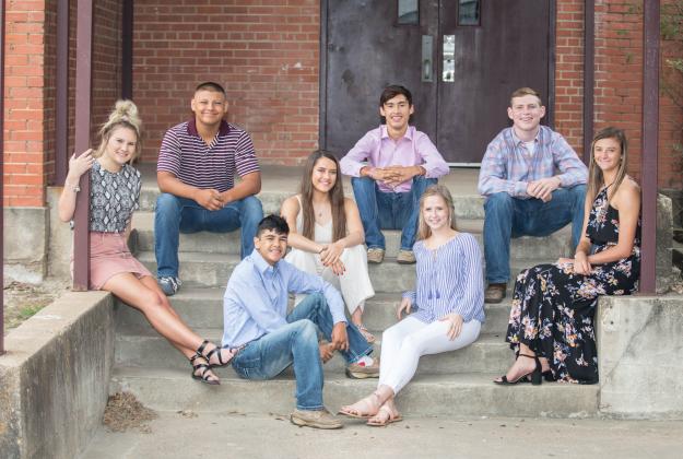 Exterior row, left to right: Queen nominee Karlee Johnson, King nominee Clayton Costello, King nominee Ricky Flores, King nominee Kurtis Landry and Queen nominee Skylar Fleming. Interior row, left to right: King nominee Zach Hollingsworth, Queen nominee Emmy Webb and Queen nominee Hannah Bradicich. Article Image Alt Text