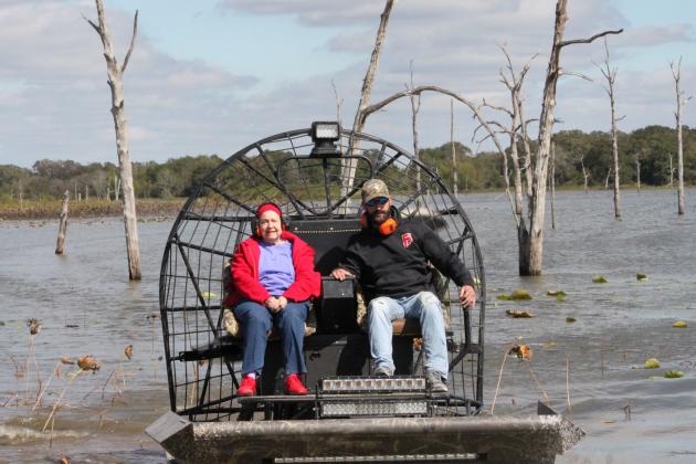 Courtesy photo Moody Ranch Outfitters helped provide the experience of a lifetime to Bonnie Hanssard who had an airboat ride on her bucket list. Hanssard was diagnosed with brain tumors that are inoperable. Duck Hunting guide Sean H Article Image Alt Text