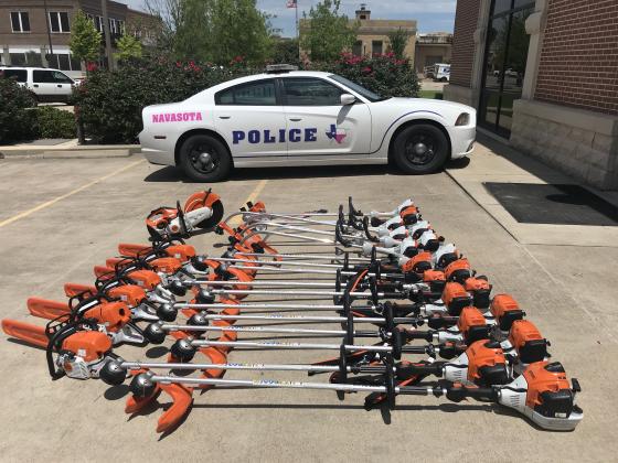 Examiner photo by Ana Cosino Navasota Police recovered $8,500 worth of Stihl equipment stolen from United Ag & Turf in Navasota early Sunday morning. Three of the four suspects all from Houston were apprehended after a police chase that led officers into Houston where the pursuit finally ended. The suspects are also accused of aggravated robbery of a Nissan Pathfinder from Houston Saturday night. Article Image Alt Text
