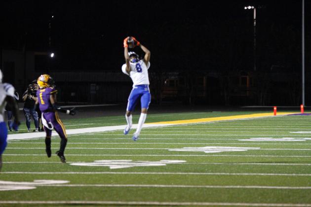 J.J. Graves makes a leaping interception at La Grange and had a huge return to help the Rattlers set up a touchdown. Navasota improved to 1-1 in district with the win. Examiner photo by Matthew Ybarra Article Image Alt Text