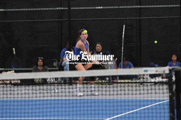 Maxson Examiner photo by Matthew Ybarra Lady Rattler senior Kylie Maxson prepares for a backhand return in girls’ singles action at the Rattler Invitational. Maxson placed third. Article Image Alt Text