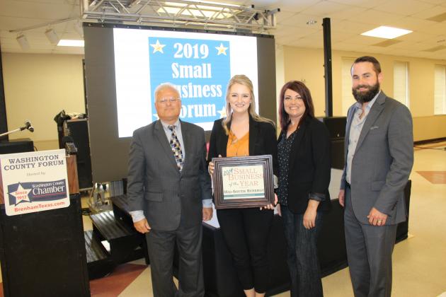 Examiner photo by Ana Cosino Chamber Executive Director Johnny McNally presents the Small Business of the Year award to Mid-South representatives Erin Hughes, Cathy Barker and Justin Stapleton. Mid-South has been a staple in the community supporting the youth of Grimes County as well as other community projects including an annual food drive. Article Image Alt Text