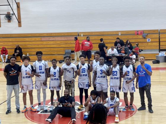 Three Navasota players - Jayden Spriggs, Ahmari Williams and Caysien Douglas, competed on the senior team that earned a Little Dribbler National Championship in Mexia. They are coached by Jeremy Blue. Courtesy photos Article Image Alt Text