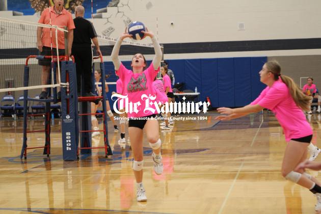 Lady Owl, Taylor Howell, sets a teammate during morning scrimmage action Aug. 5, against the Leon Lady Cougars. The Lady Owls will compete at the Fairfield tournament later this week. Article Image Alt Text