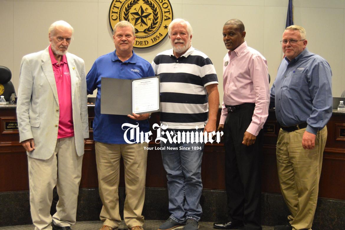 Councilmen Bernie Gessner (left), Grant Holt, James Harris, Mayor Pro Tem Josh Fultz and Mayor Bert Miller recognize Navasota’s incorporation on Oct. 27, 1866. The proclamation celebrates the city’s history and resilience. Examiner photo by Connie Clements Article Image Alt Text